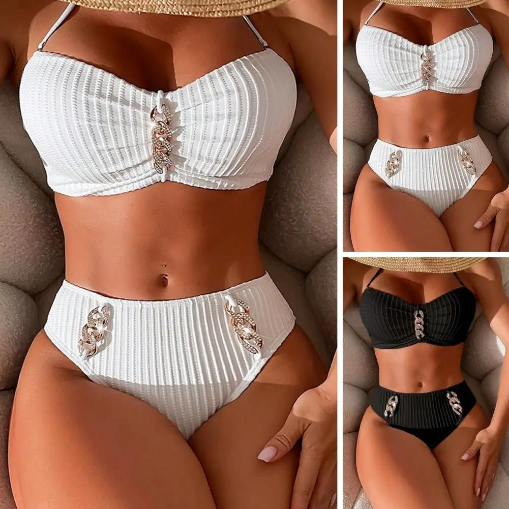 Halter Bikini Top łańcuszek z kryształów górskich zestaw Bikini dla kobiet Halter biustonosz wysoki stan szybkoschnący strój kąpielowy seksowny strój kąpielowy