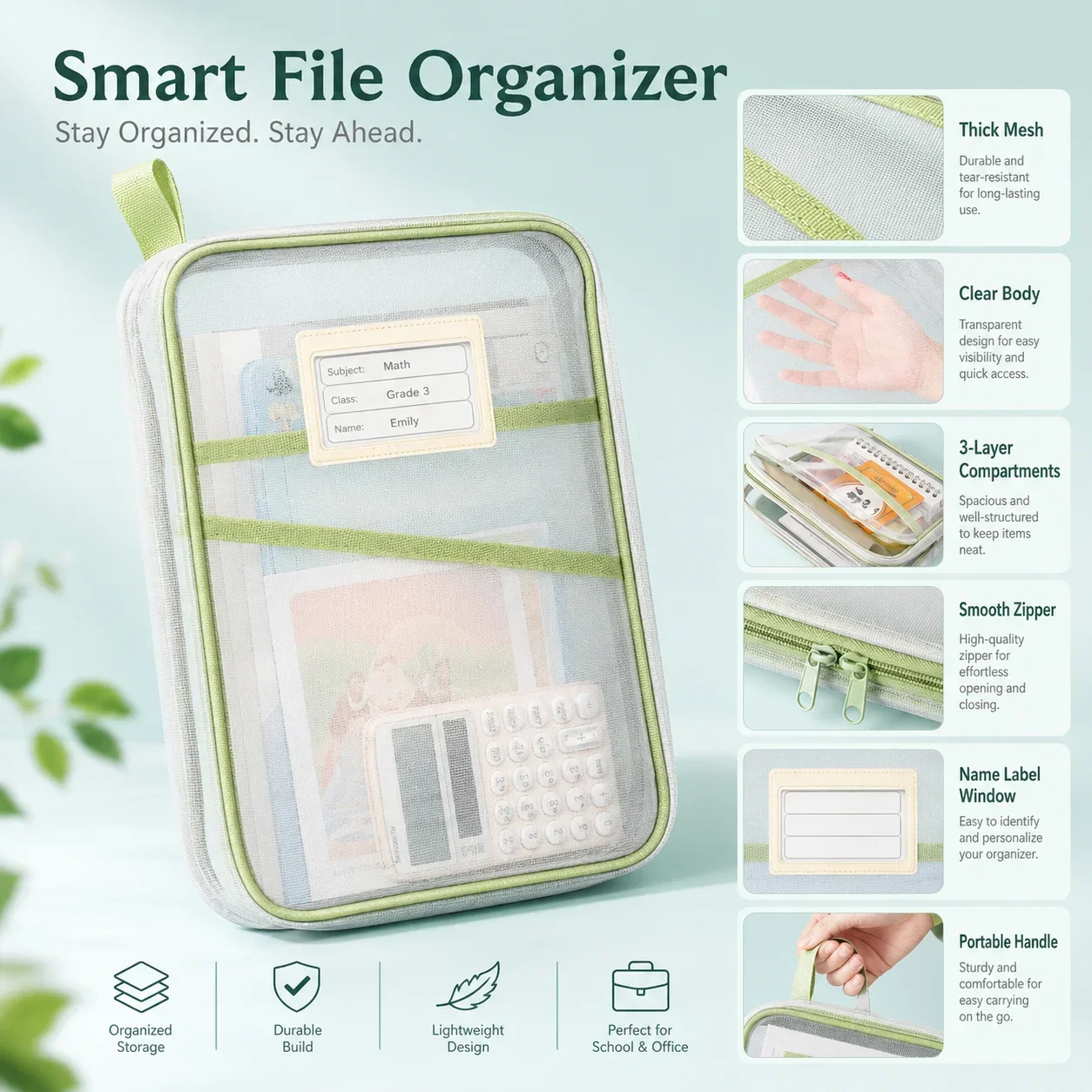 Clear Mesh File Bag for Subject Classification, Reinforced A4 Tote Bag for School, Homework and Office Use