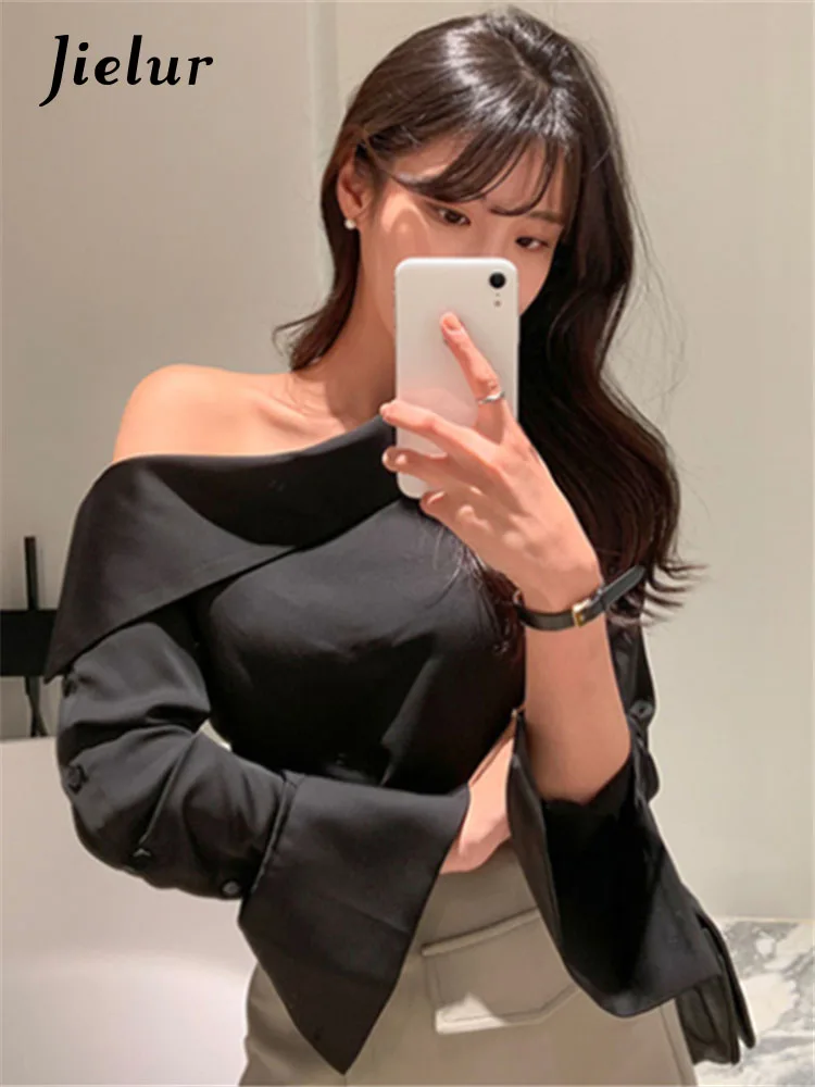 Jielur Büro Dame Koreanische Stil Schwarz Blusen Schulter Sexy Shirts Frauen Frühling Sommer Kalt Bluse Weibliche Elegante Weiße Tops