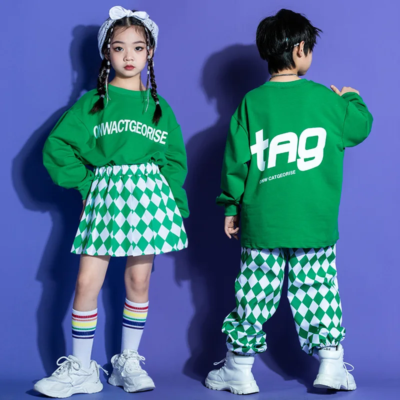 

Kid Hip Hop Clothing Green Letter Sweatshirt Checkered Street Jogger Pants Pleated Skirt for Girl Boy Jazz Dance Costume Clothes