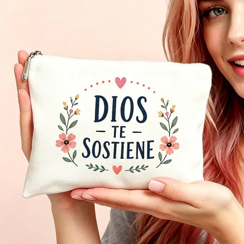 Spanish Phrase Makeup Bag for Women Dios Te Sostiene Cosmetic Toiletry Pouch with Zipper Closure Latin Gift Mom Daughters Travel