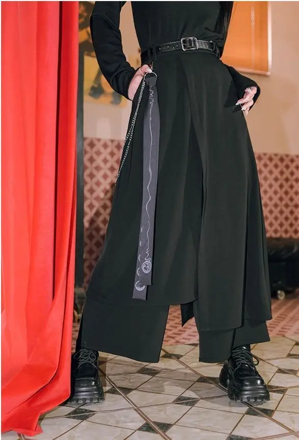 Retro Dark New Chinese Style Multi-layered Irregular Black Culottes for Women Spring and Summer Loose Yamamoto Wide-leg Pants