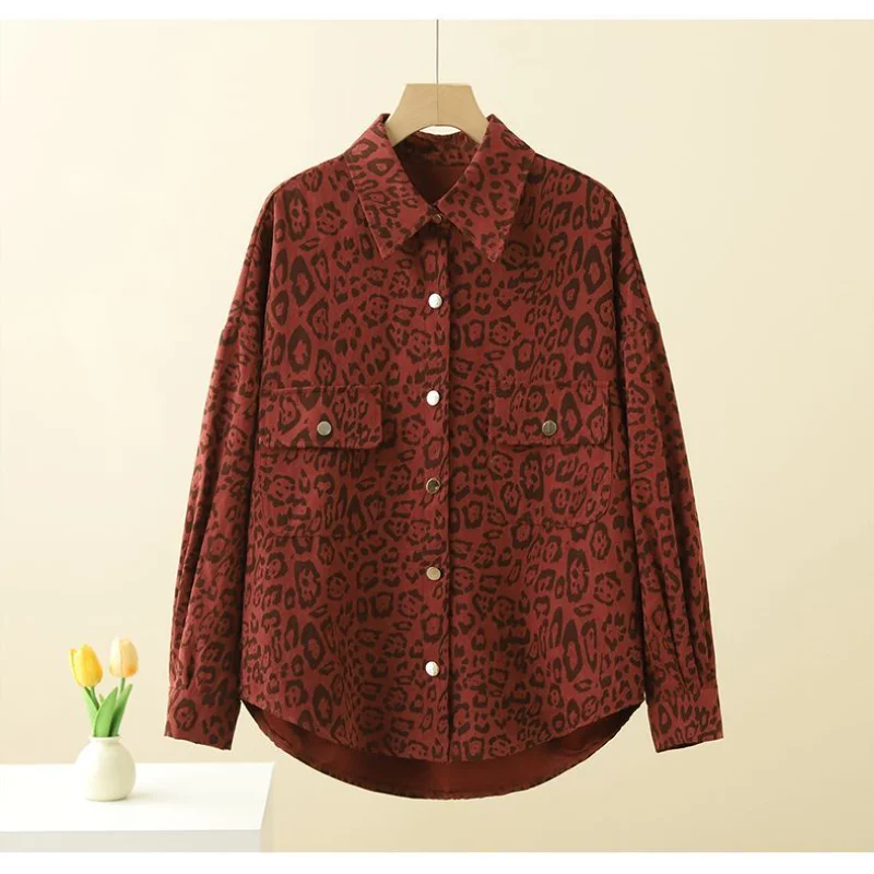 

Women's New 2025 Spliced POLO Collar Buttons Fashionable Versatile Slim Leopard Print Long Sleeve Shirt