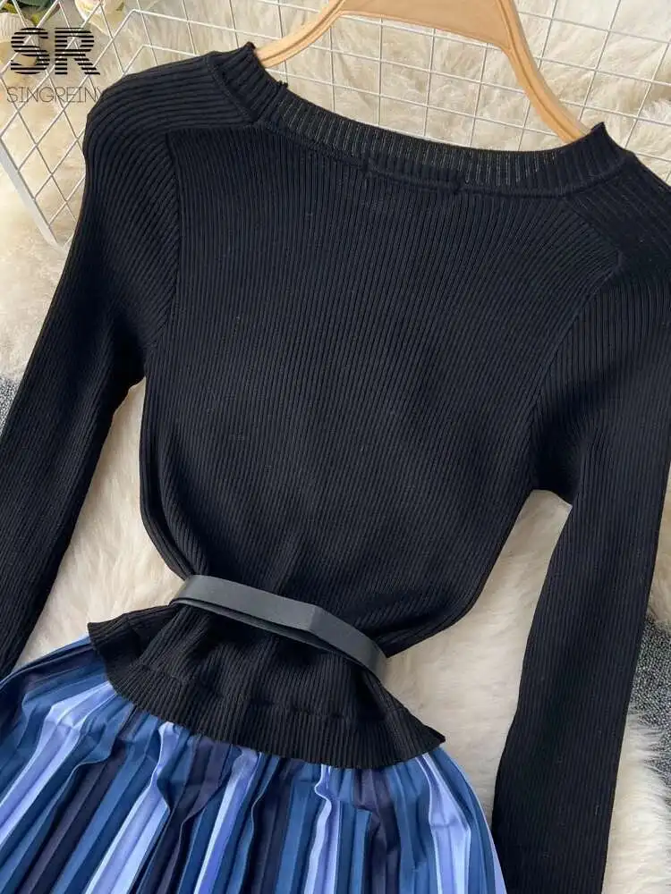 

BabYoung зимнее вязаное платье с поясом женское тонкое с длинным рукавом и круглым вырезом шикарное эластичное осеннее элегантное вечернее плиссированное платье