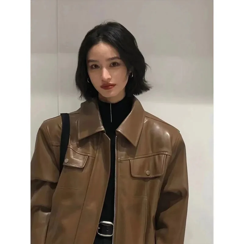 Spring Female Leisure PU Leather Jacket 2025 Women Fashion Motorcycle Leather Coat Retro Lady Long Sleeves Faux Leather Outwear