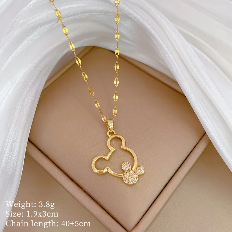 Cartoon Disney Mickey Mouse Necklace Stainless Steel Chain Zircon Pendant Necklace for Women Girls Jewelry Accessories Gifts