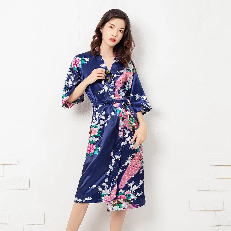 Half Sleeve Sleepwear With Belt Women Nightgown Robe Satin Midi-Length Kimono Bathrobe Gown Sexy Home Dressing Loungewear