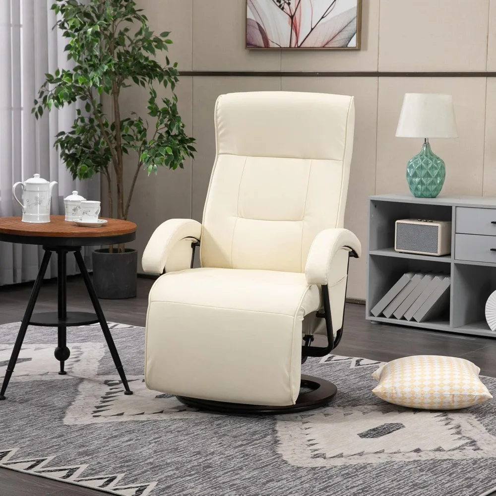 Recliner with footstool, lounge chair with 135° adjustable back, swivel wooden base, upholstered seat and armrest (beige)