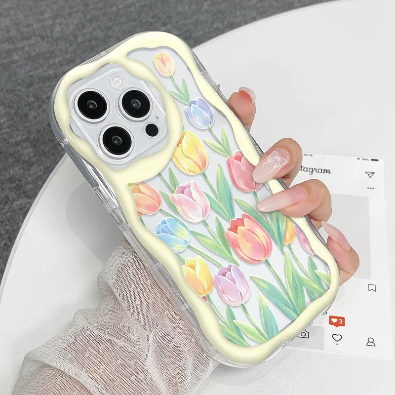 Cute Colorful Tulip Pattern Clear Wave Phone Case For iPhone 11 12 13 14 15 16 17 Pro Max Plus 16e 17e Shockproof Soft Cover view 5