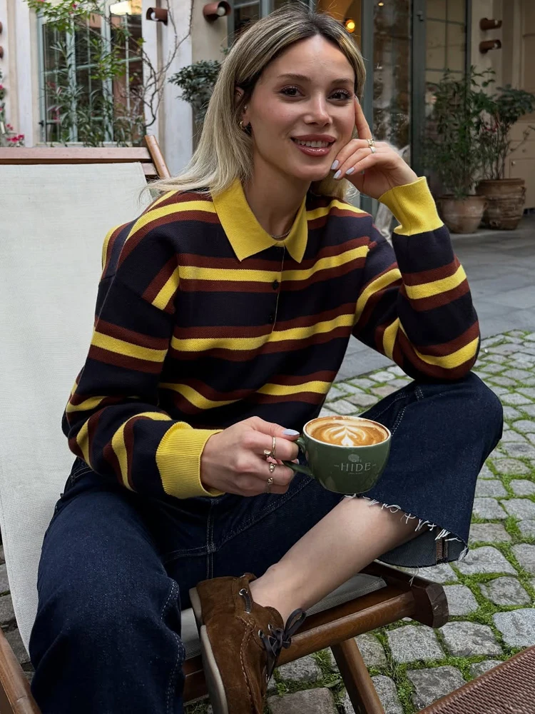 

HH Spring Yellow Knit Striped Sweaters For Women 2026 Autumn Fashion British Style Polo Collar Long Sleeves Knitted Pullover