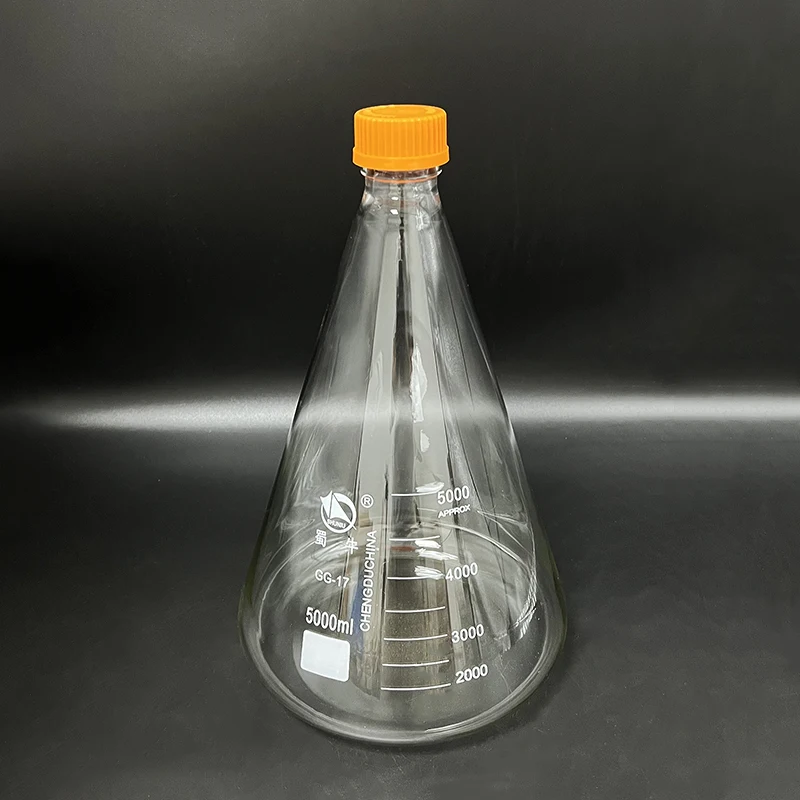 SHUNIU Thread river mouth triangle reagent bottle,With yellow screw cover,Borosilicate glass 3.3,Capacity 5000mL,yellow cap