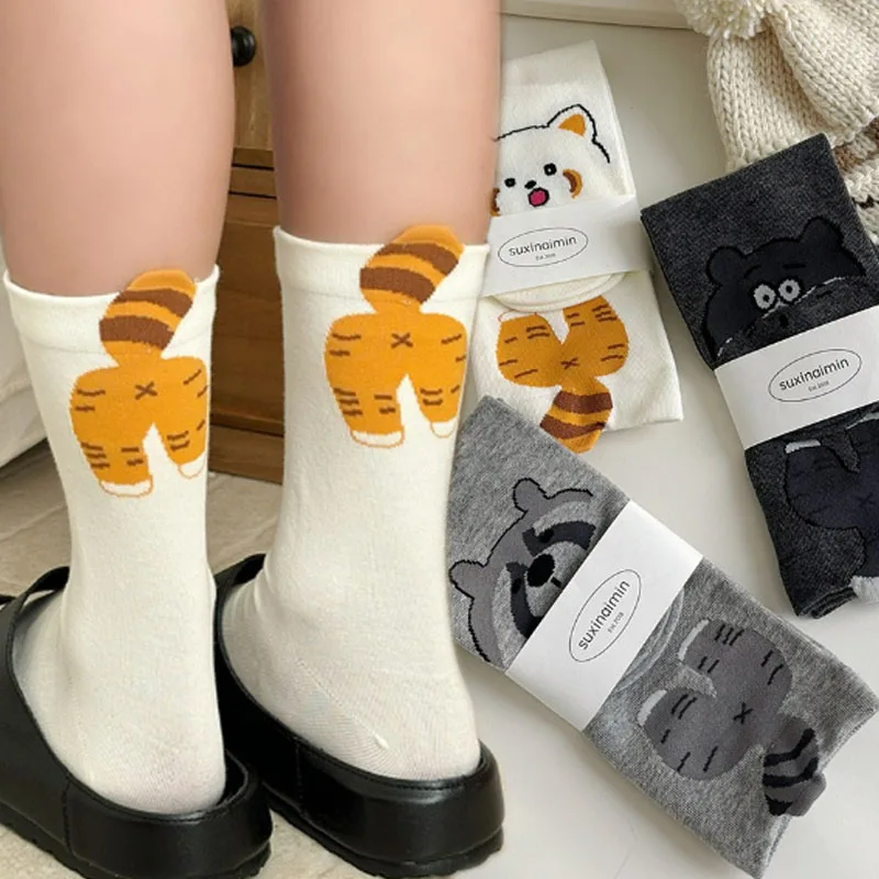 

3D Cat Panda Butt Print Mid-tube Socks for Women Men Kawaii Animal Soft Stockings Autumn Winter Breathable Cotton Couples Socks