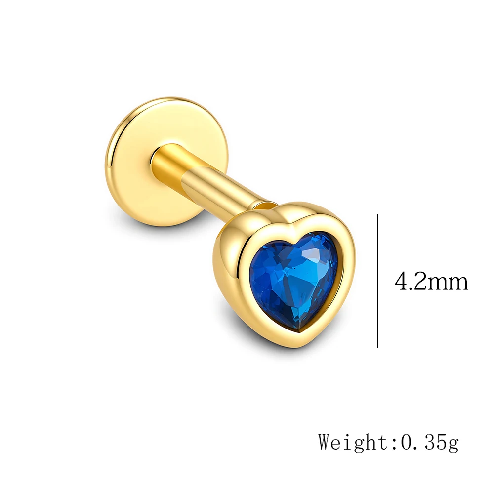925 Sterling Silver 14K Gold Plated Heart Blue CZ Flat Back Single Stud Earring Cartilage Piercing Jewelry