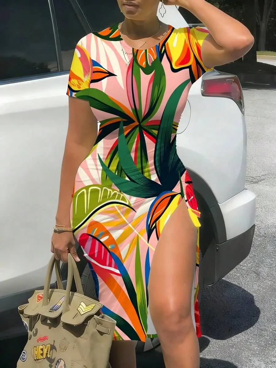

Women Short Sleeve Fitted Midi Dress With Slit Tropical Leaf Print Casual Summer