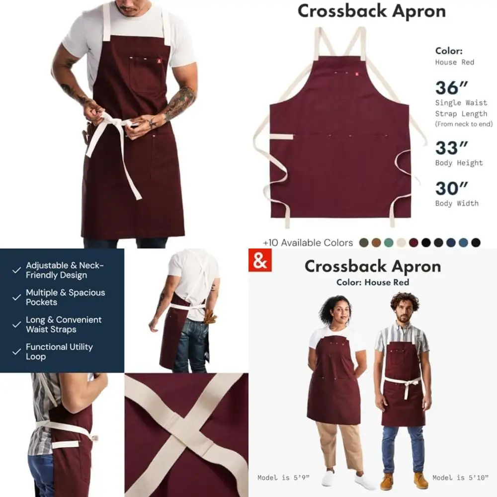 

Cotton Canvas Chef's Crossback Apron with Pockets - 100% Cotton, 8oz, House Red, Kitchen Utility