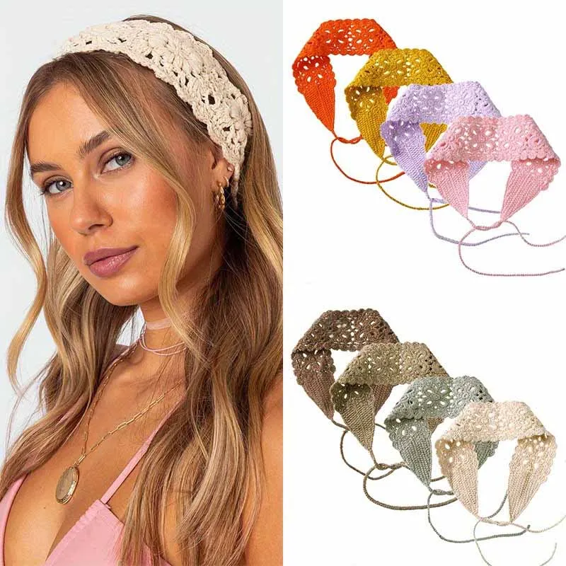 

Сплошной цвет, полые вязаные ленты для волос, винтажный шарф для волос для женщин, вязаная праздничная повязка на голову с цветком, богемные аксессуары для волос