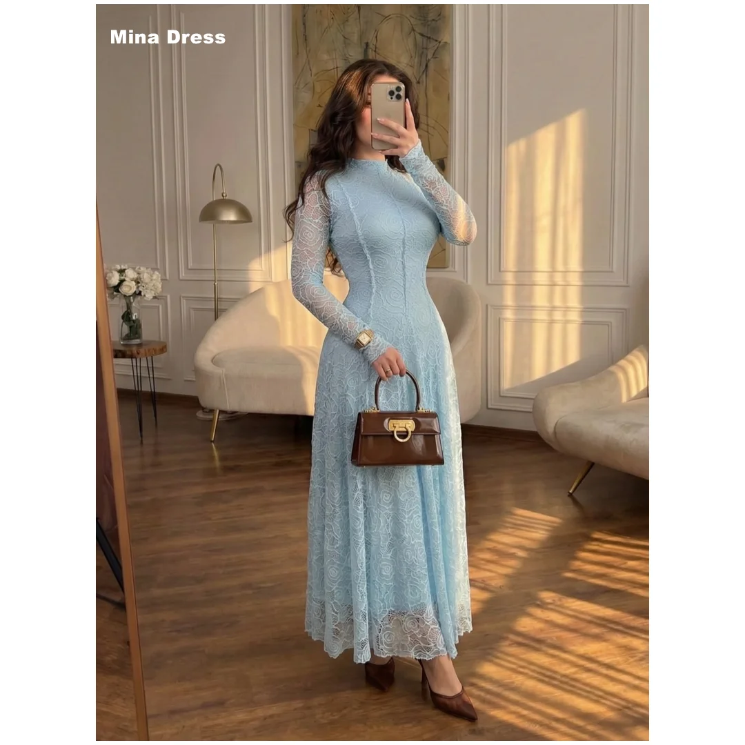 

Mina Customized Blue Formal & Evening Gowns Lace Long Sleeves Elegant Party Dresses for Special Occasions Round Neck Prom Dress