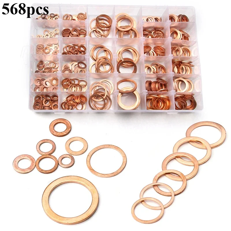 568pcs Copper Washers Hardware Accessories Metric Flat Gasket Kit M6/M8/M9/M10/M12/M14/M16/M18/M20/M22/M24/M26/M28