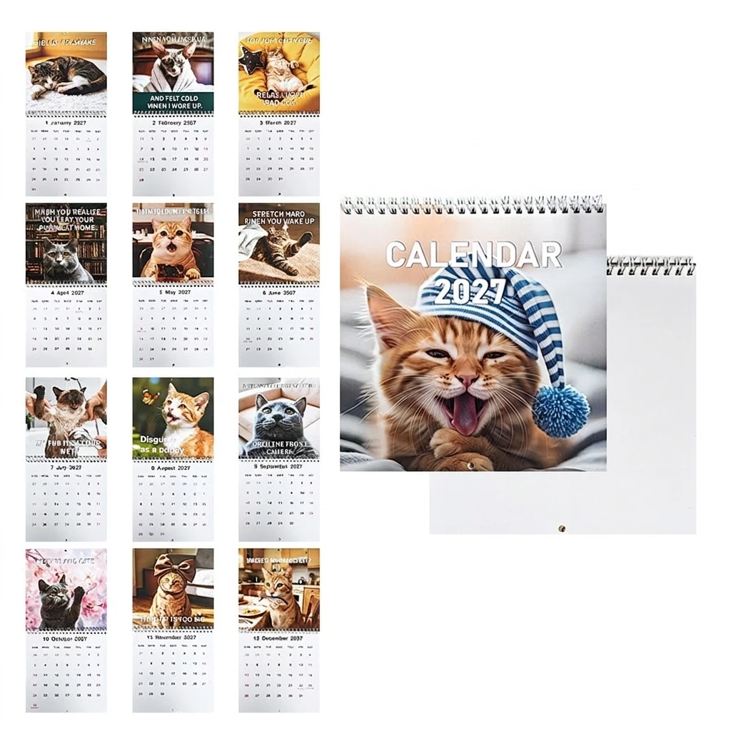 Wall Calendar Cute Cartoon Cat Planner for Pet Lovers 2027 Monthly Hanging Decor Office Study Room Gift Accessories