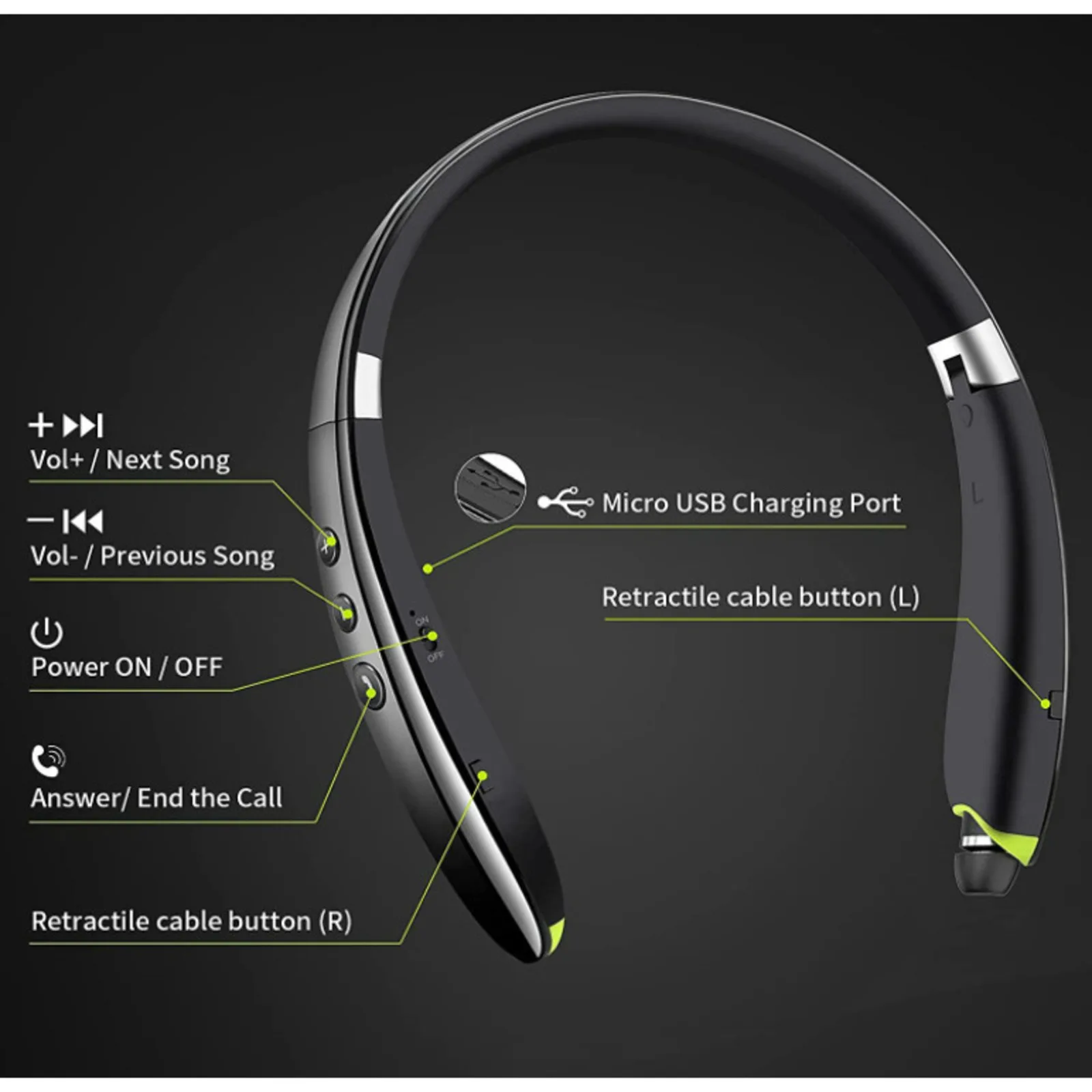 Foldable Neckband Headphones Retractable Bluetooth 5.0 CVC Noise Reduction Neck Vibration Reminder For Sports Running Gym Use