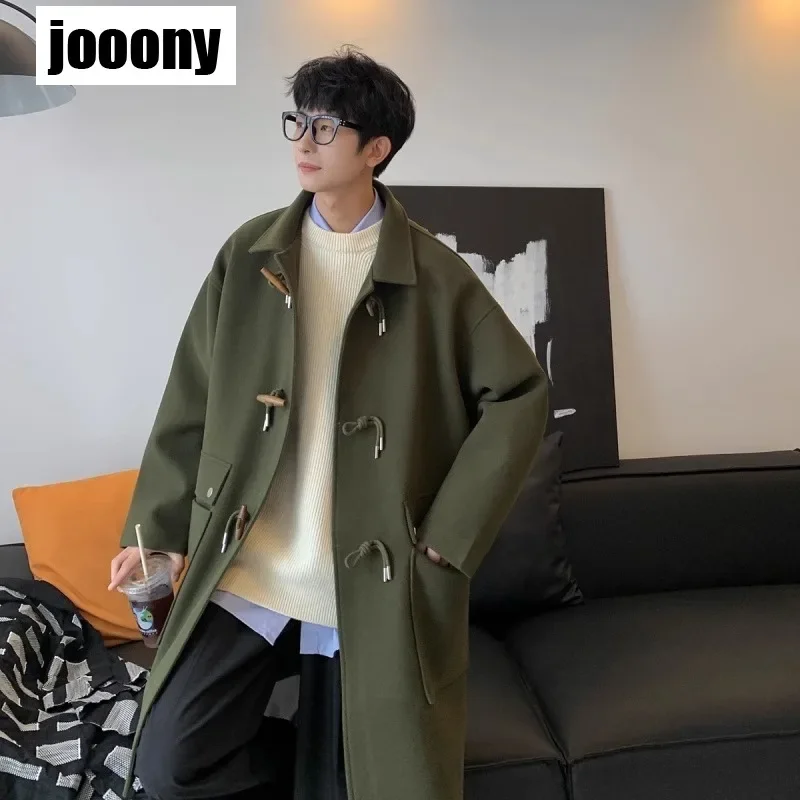 Autumn Winter Thick Mid-Length Over-the-Knee Harajuku Versatile Korean  Retro Casual Woolen Jacket Horn Button Woolen Coat Male