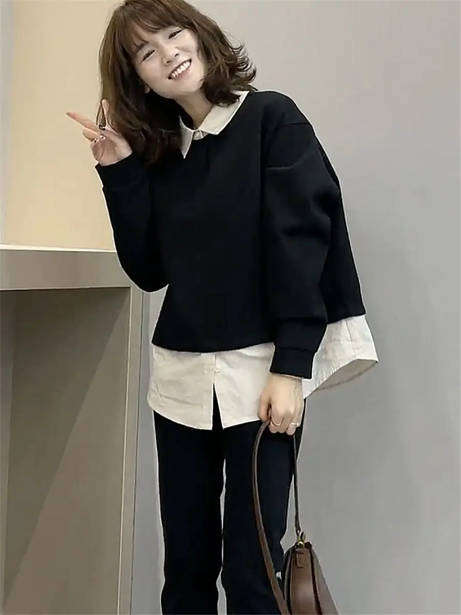 plus Size Women's Shirt 300 Pounds Trendy Splice Loose Ageless Top Korean Style Button up Long Sleeve And Pear Shaped