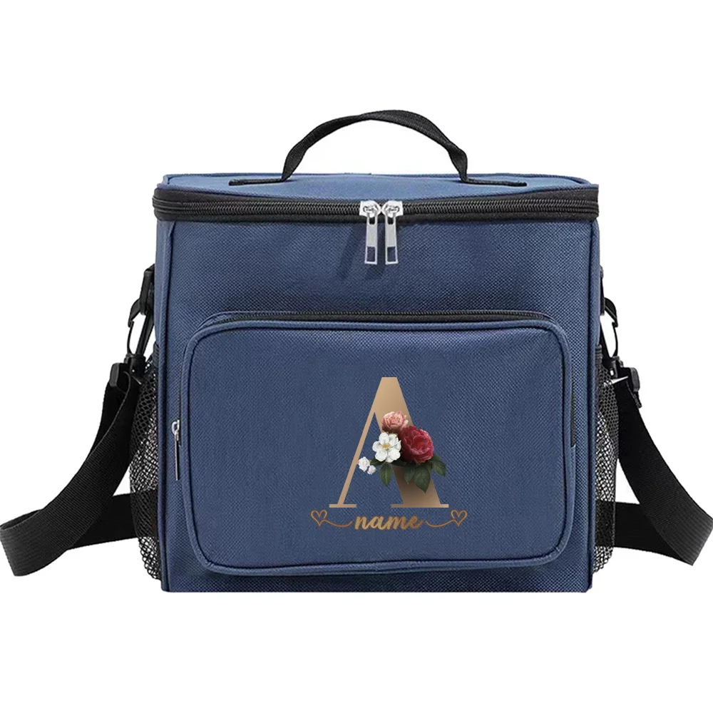 Customizable Name: Blue Lunch Bag Insulated Handbag Rose Gold Series Multi Functional Picnic Lunch Box Waterproof Lunch Box