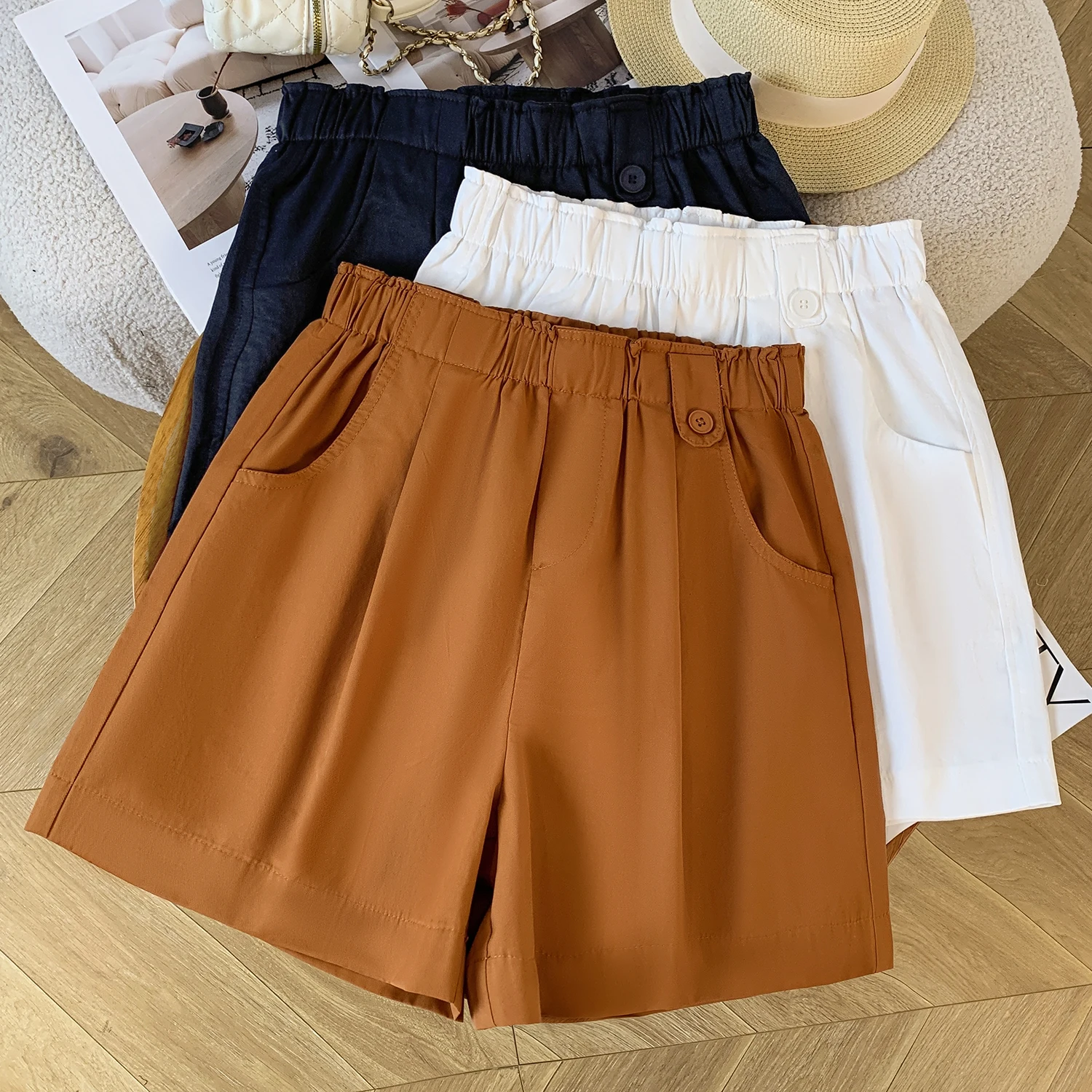 

Шорты с высокой талией и широкими штанинами для женщин: модные, повседневные, свободного кроя, утягивающие, с эластичным поясом, художественные, больших размеров