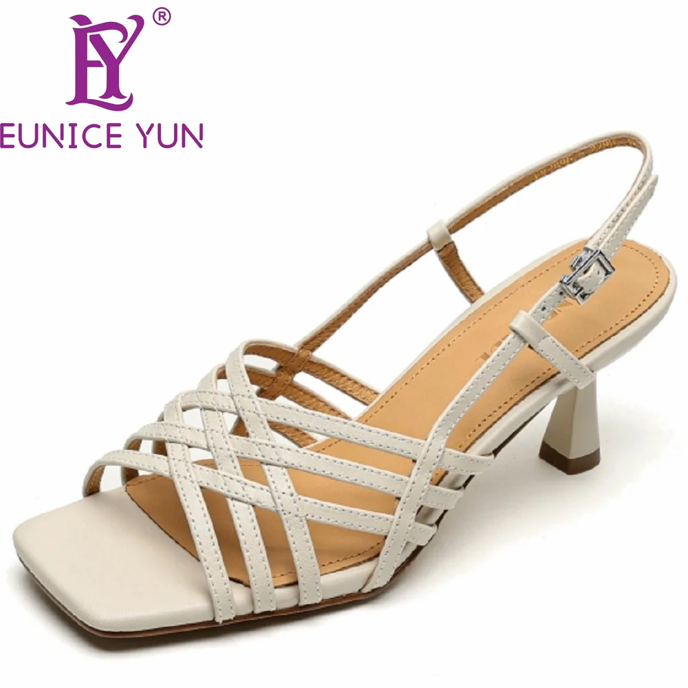 

【EUNICE YUN】Женские сандалии ручной работы из натуральной кожи с квадратным носком на маленьком каблуке 6,5 см, мягкая женская обувь для свиданий, размеры 33-40