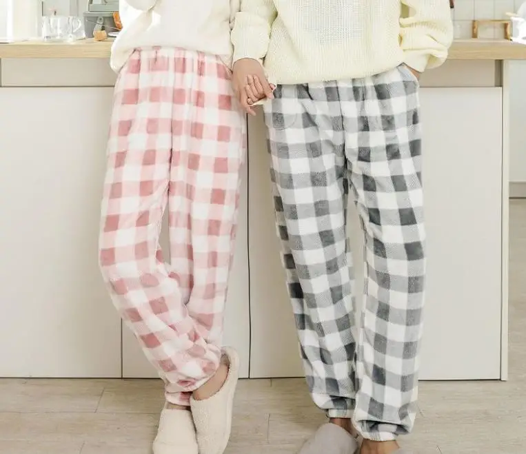 Comfortable Winter Thick Plaid Men's Flannel Pajama Pants  High Waist Loose Casual Straight Big Size  Fleece Warm Home Trousers