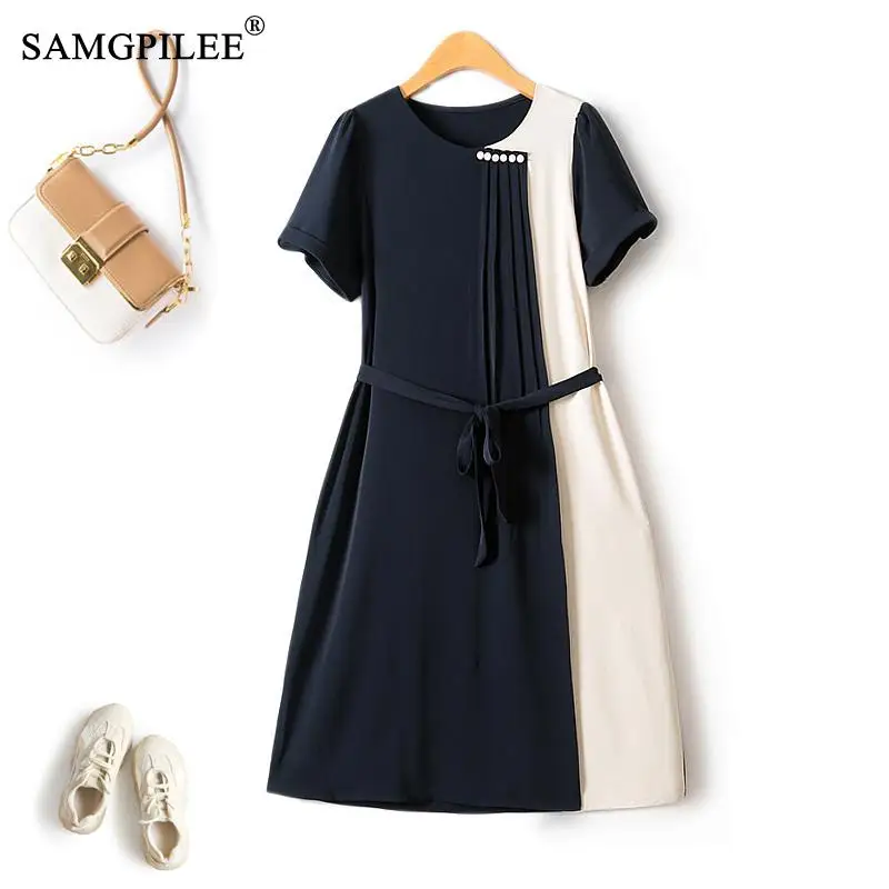 

Fashion Summer Dresses 2024 Short Sleeve Suit Material Drape Slim Contrast Color Pinch Pleat Fake Two Piece Elegant Women Dress