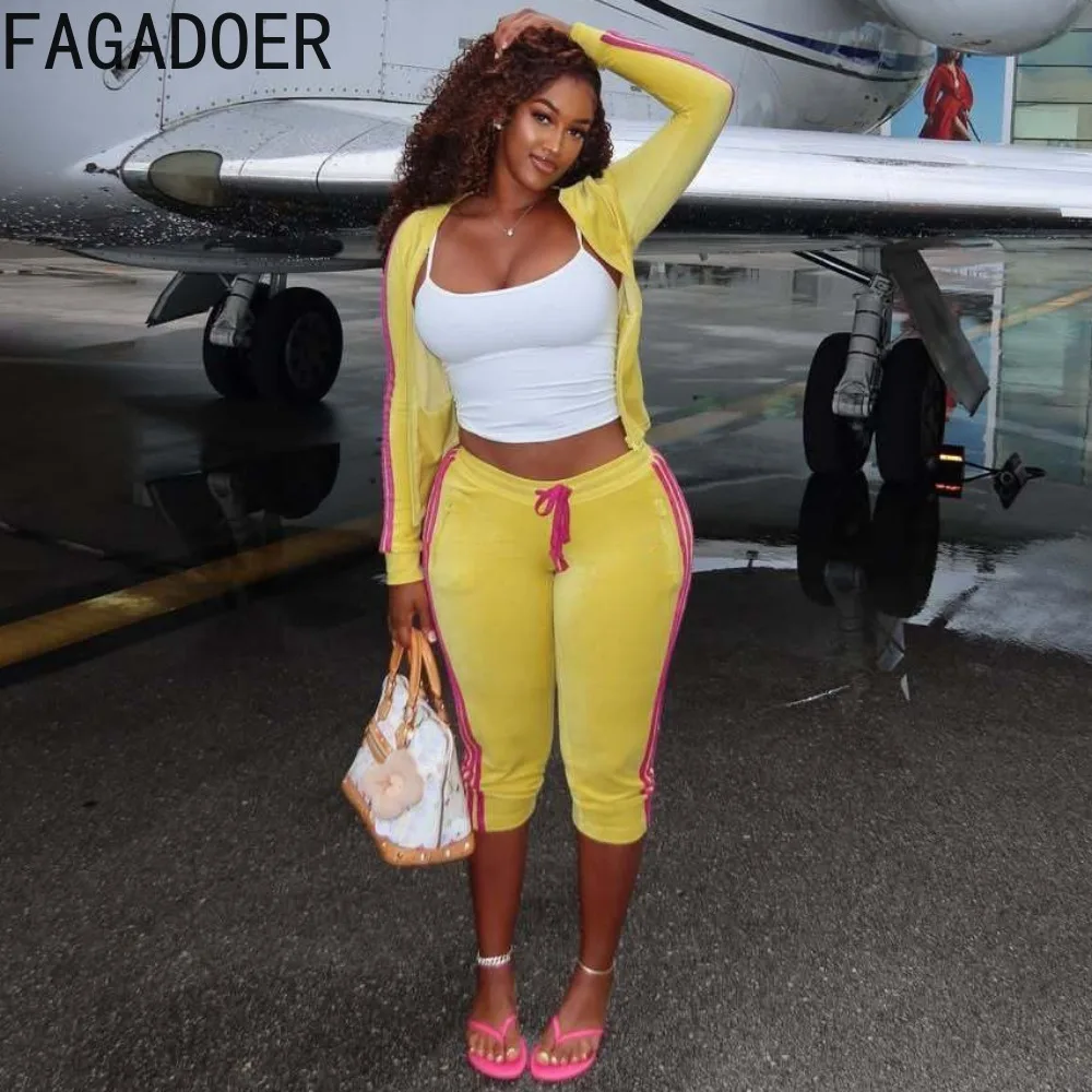 FAGADOER Women’s 2 Piece Tracksuit Set Long Sleeve Zip Up Crop Jacket Knee Shorts Contrast Stripe Stretchy Casual Sport Outfit