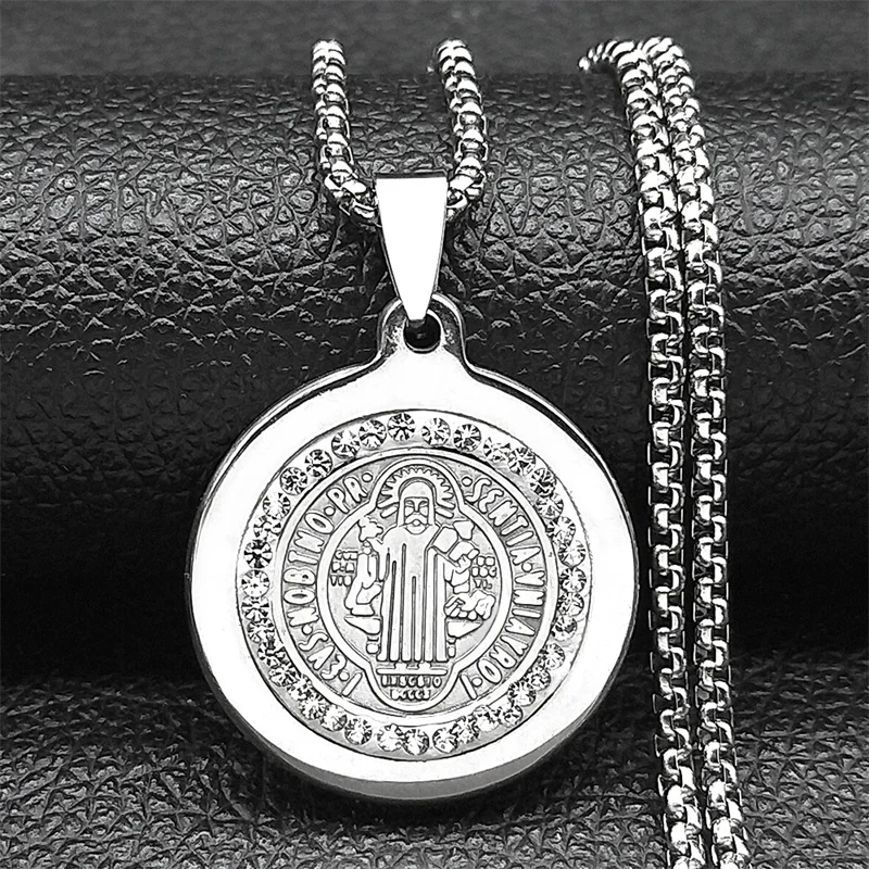 

Saint Benedict Medal Rhinestone Pendant Necklace For Women Men Stainless Steel Silver Color Faith Christianity Chain Jewelry