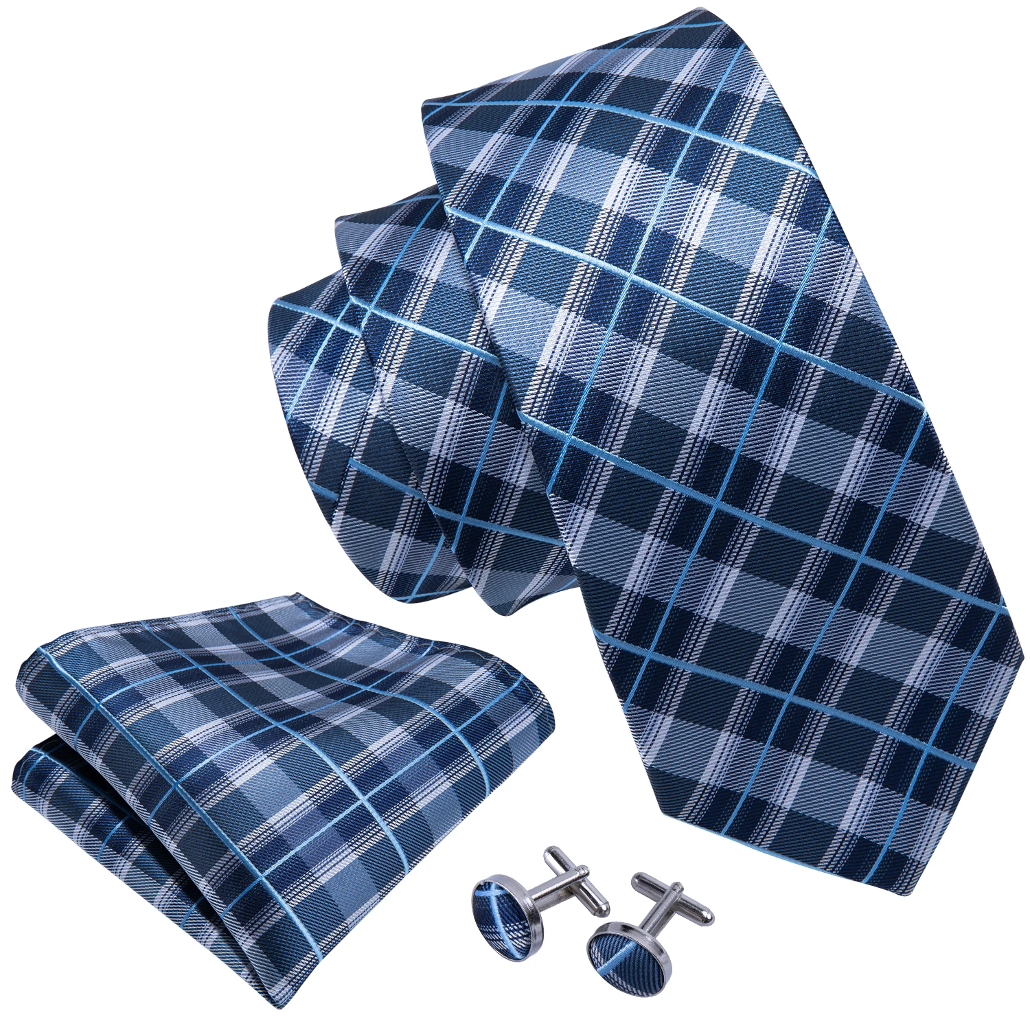Plaid Checked Men's Tie Set Formal Business 3Pcs Necktie with Pocket Square Cufflinks Jacquard Woven Neckwear for Wedding Party