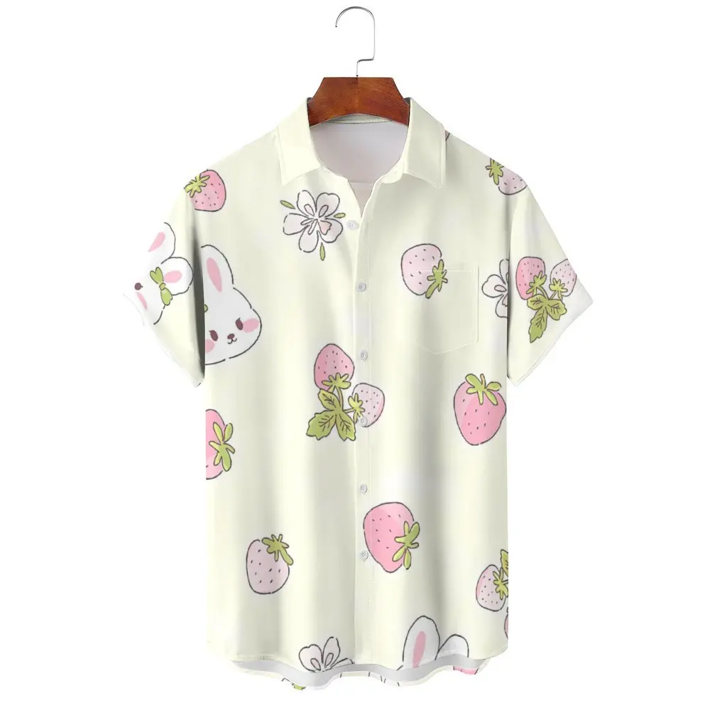 New Cute Rabbit Print Shirt Men Hawaiian Shirt Summer Casual Top Large Size Loose Simple Shirt Women Single Breasted Button Top