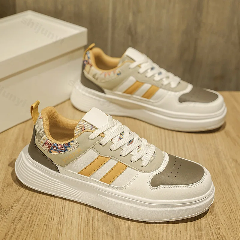 รองเท้าผ้าใบผู้ชาย รุ่นปี 2025 ใหม่ล่าสุด สำหรับฤดูใบไม้ผลิและฤดูใบไม้ร่วง เพิ่มความสูง ผูกเชือกแบบไขว้ สไตล์ลำลอง ใส่เดินเล่นนอกบ้าน กันลื่น สวมใส่สบาย รองเท้าพื้นหนา