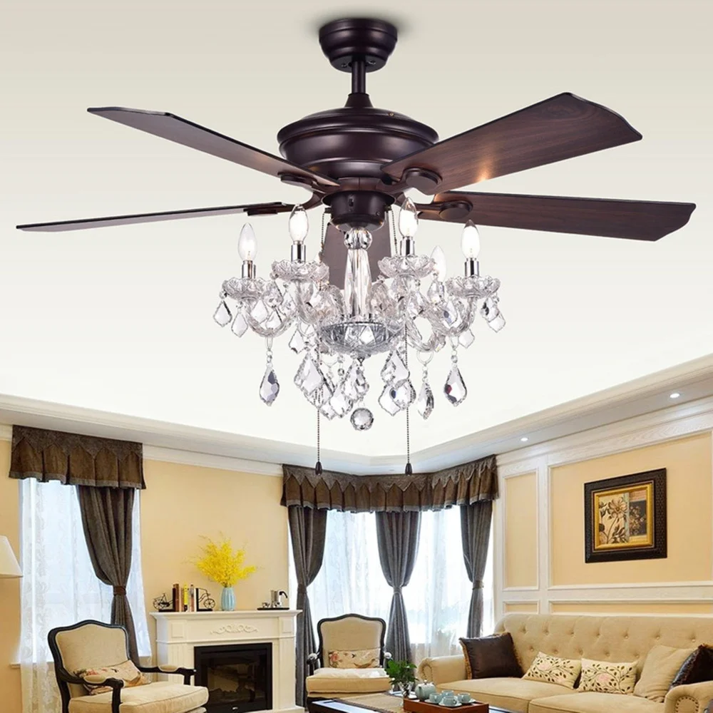 Elegant 52 Inch 5 Blade Ceiling Fan Crystal Chandelier Antique Bronze Reversible Motor Remote Control 3 Speed Pull Chain Light
