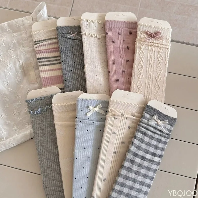 

10 Pairs Bow Tie Socks for Women Mid Tube Socks for Spring and Summer Thin Ballet Style Gray Blue Sweet and Versatile Pile Socks