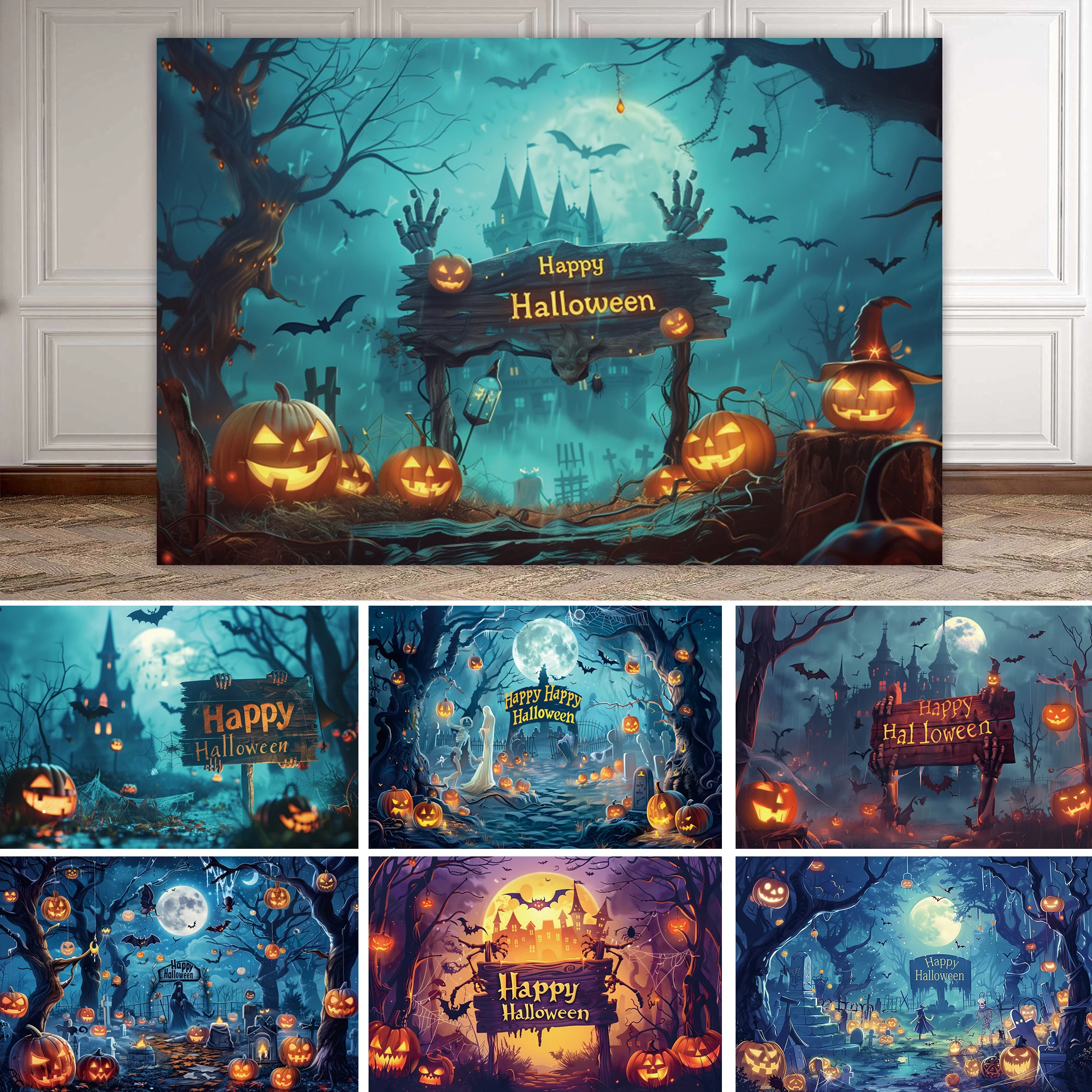 

Halloween Photography Backdrop Terrible Night Forest Ghost Graveyard Pumpkin Lantern Background Kids Portrait Party Decor