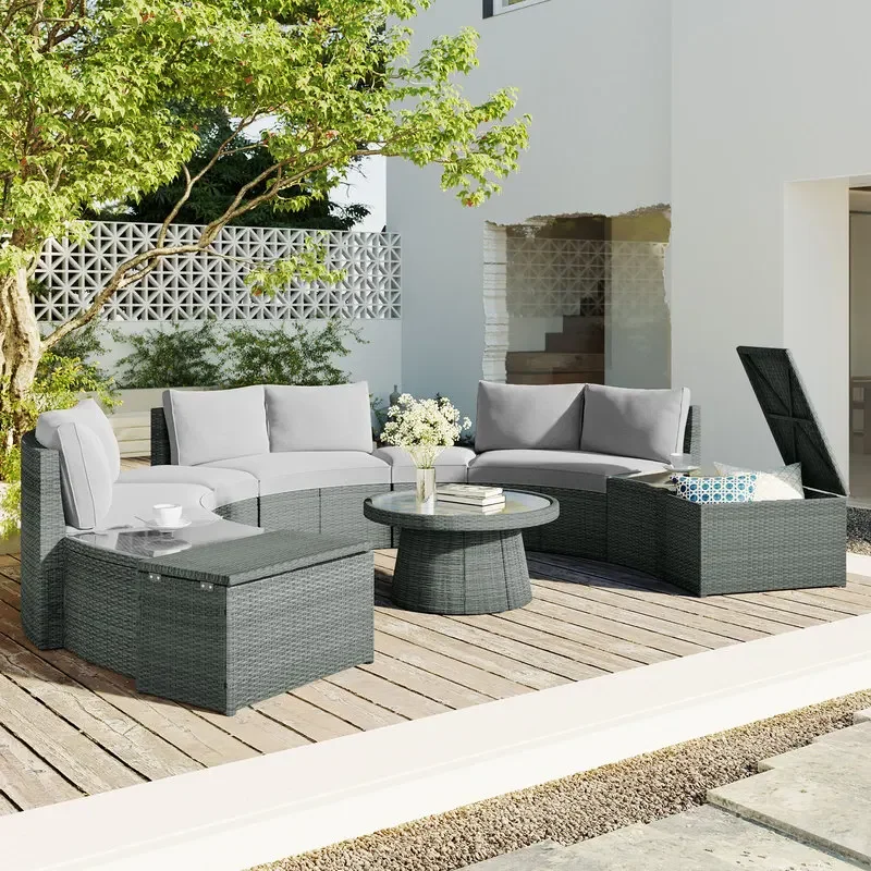 High Quality 10-Piece Outdoor Sectional Half Round Patio Rattan Sofa Set,PE Wicker Conversation Furniture Set