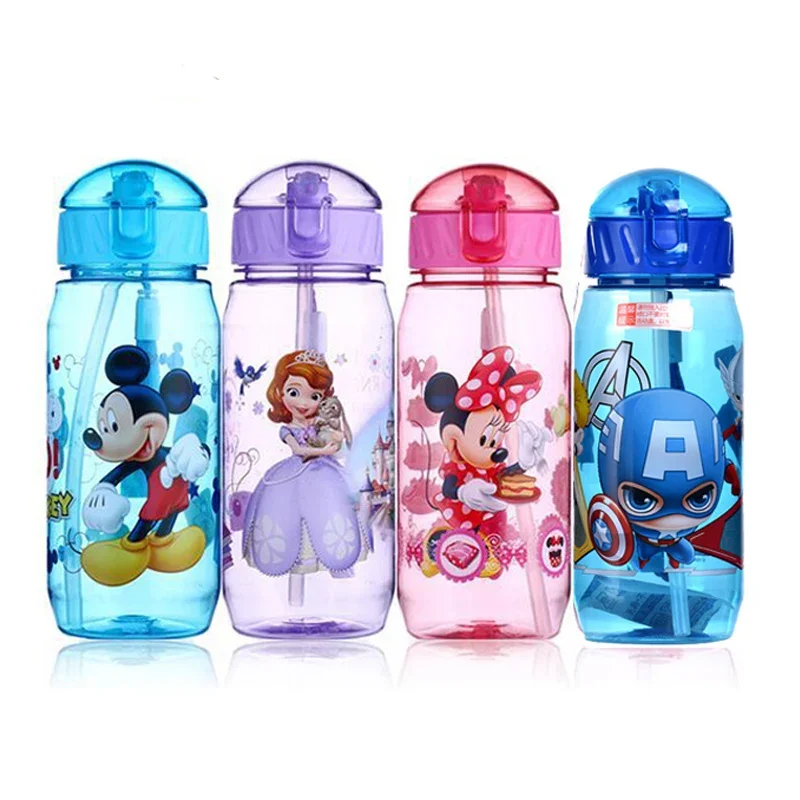 Disney Straw Cup Marvel Captain Mikey Minnie Mouse Sofia Childen Cartoon Portable Water Cup Bottle Boy Girl Gift 450ML