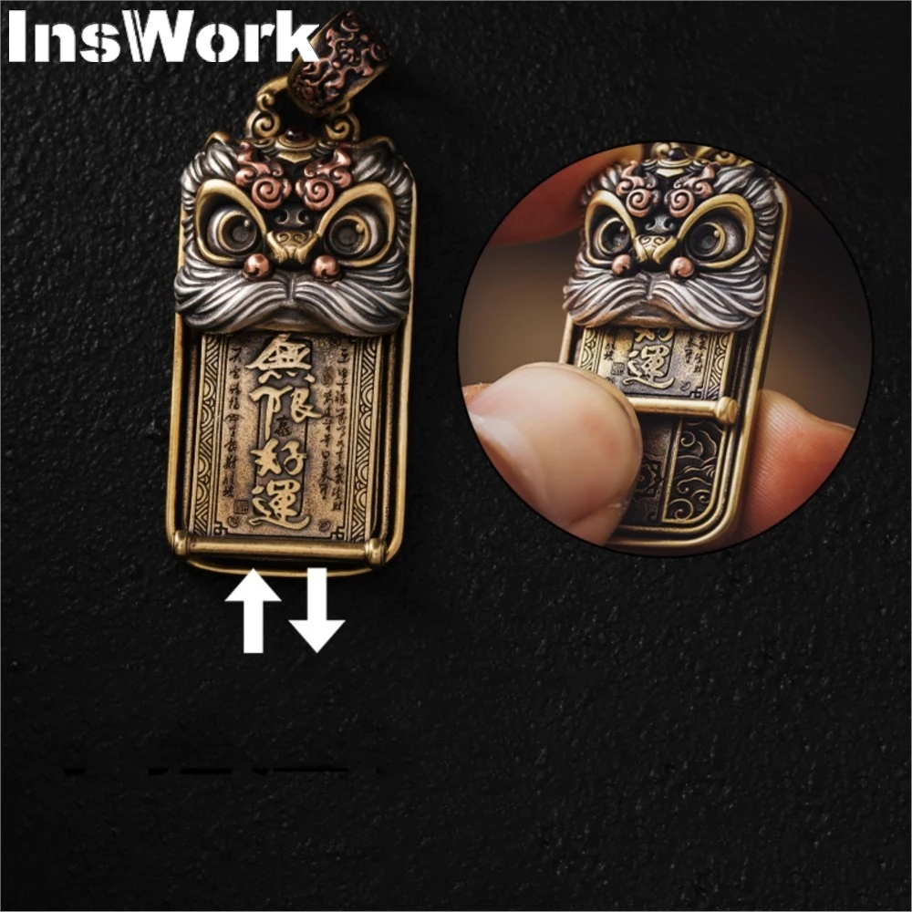 Push Slider Decompression Pendant Men\'s Keychain Silver Jewelry Chinese Handle Piece Lion Danger Pendant