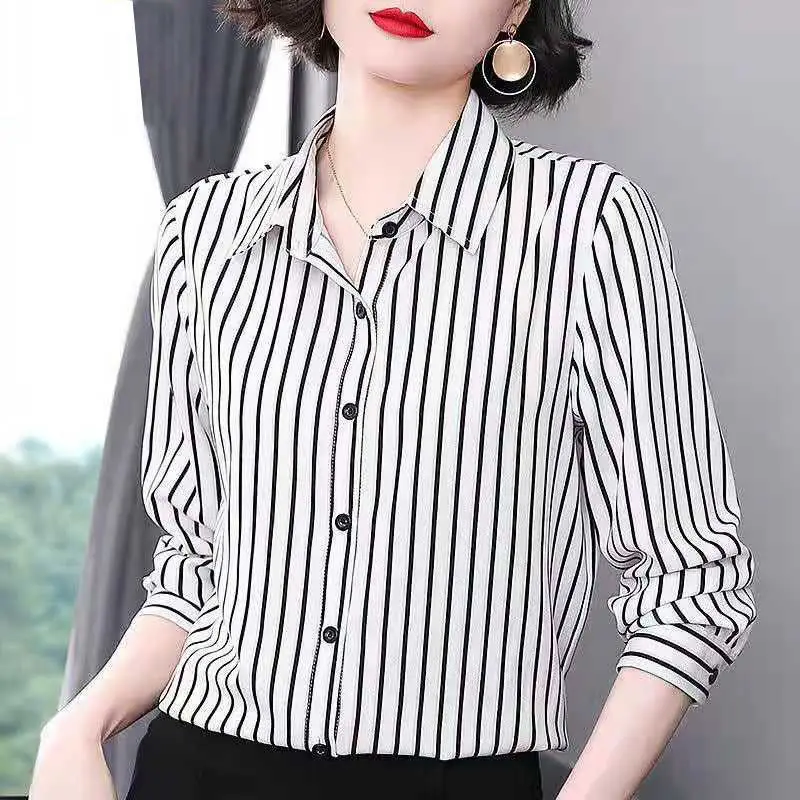 2022 Women\'s Clothing Fashion All-match Striped Button Blouses Spring Turn-down Collar Casual Commute Thin Long Sleeve Shirt