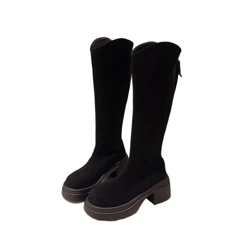 

Fashion Back Zippers Shoes Autumn Winter Thick Heel Ladies Knight Long Booties Vintage Women Stretch Slim High Boots