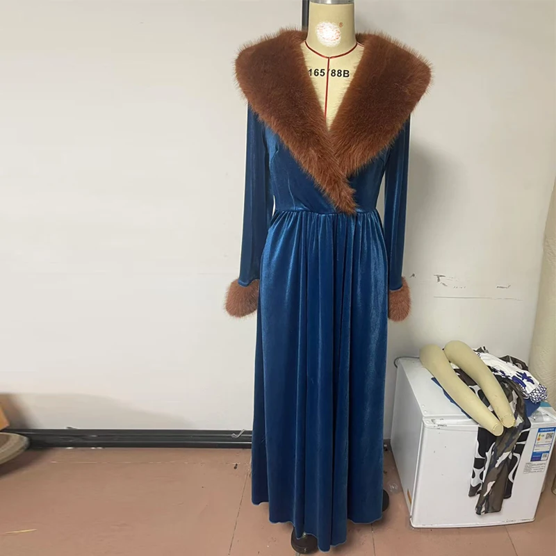 Vestido de invierno para mujer, cuello de pelo étnico, terciopelo dorado, estampado Sexy de plumas, vestido largo bohe de fiesta, vestido Retro de cintura alta para vacaciones, vestido cálido