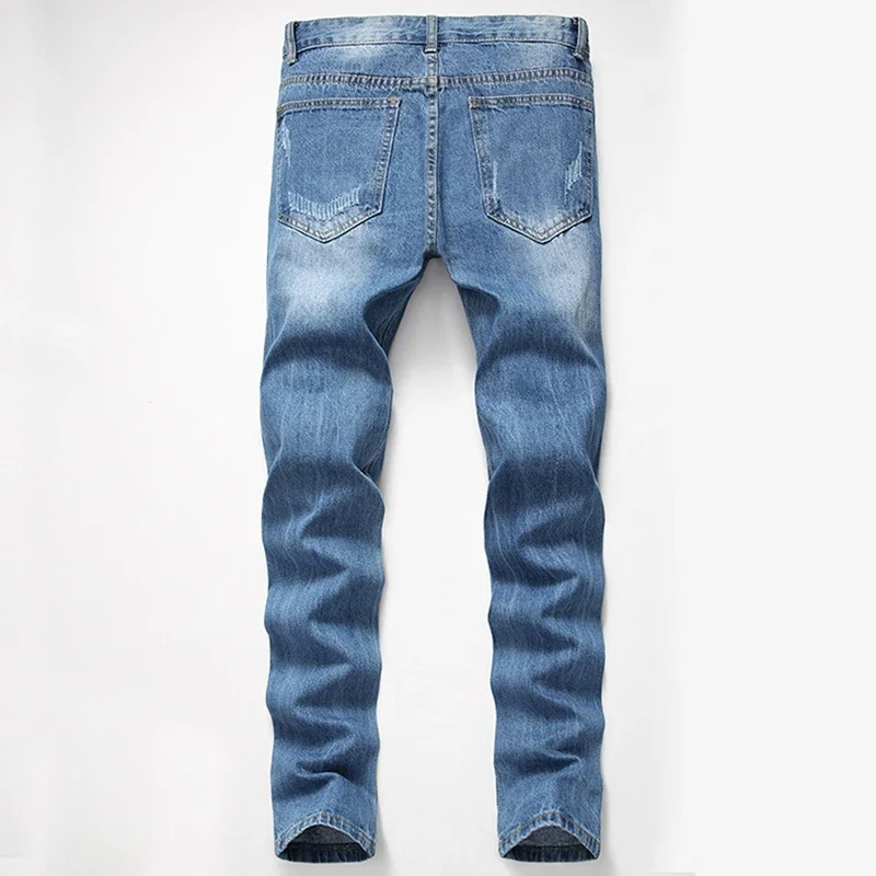 

Jeans Denim Men Straight Hole Ruined New Style European And American Ripped Light Blue Large Size Trousers Trend