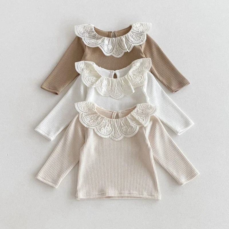 Baby Clothes 2024 Autumn Baby Girls Long Sleeve T-shirts Lace Lotus Collar Kids Ribbed Bottoming Shirt Toddler Cotton Tops