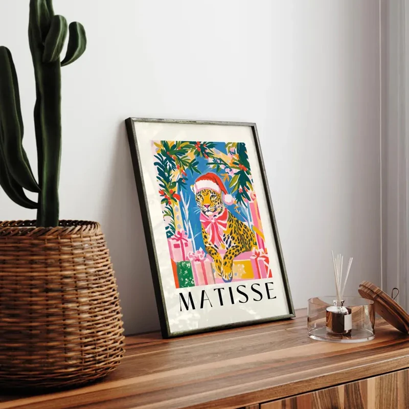 Leopard in Santa Hat, Christmas Wall Art for Living Room Decor, Henri Matisse Print, Funny Wall Art, Festive Aesthetic Poster