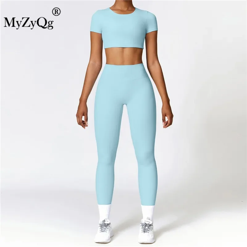 MyZyQg-Ensemble de yoga pour femmes, T-shirt serré à manches courtes, pantalon d'extérieur, sport de loisirs, course à pied Pilate, fitness, legging imbibé