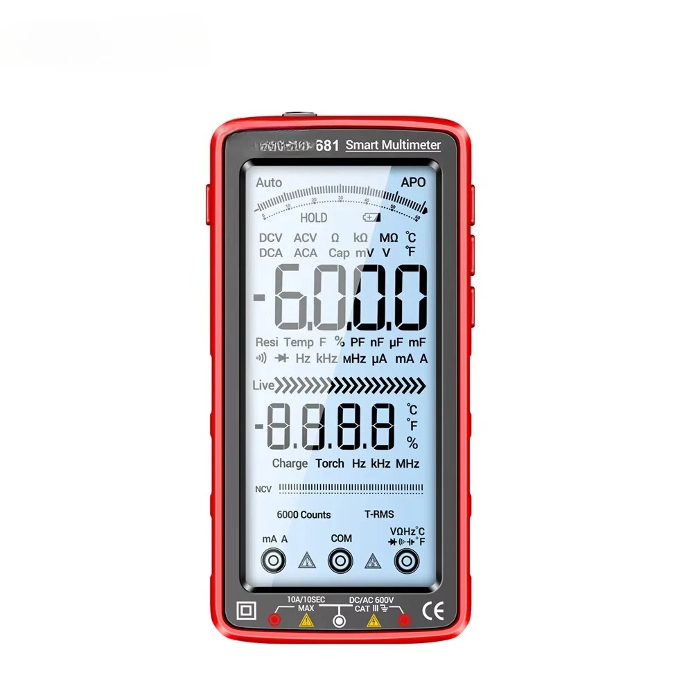 681 Smart Anti-burn True RMS Multimeter, Rechargeable Voltage/Hz/Ω/Diode Tester with LCD & Sheath